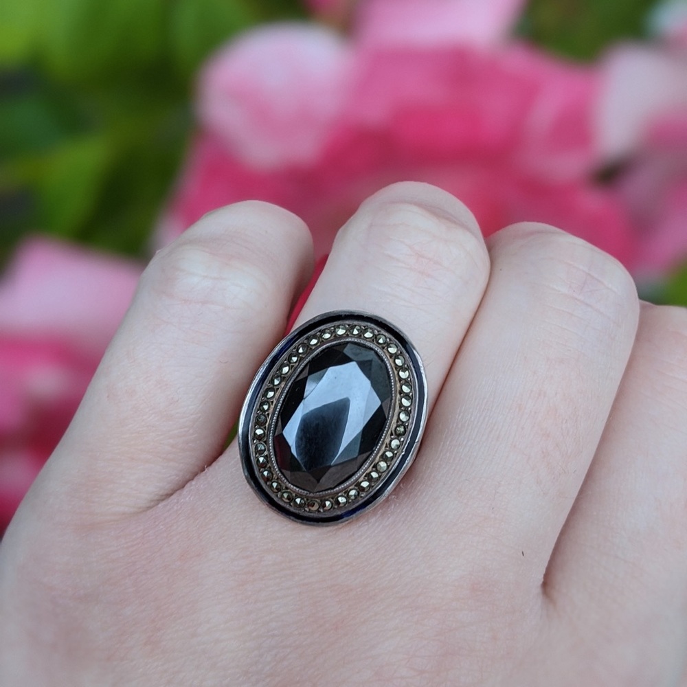 Antique 1920s Hematite and Marcasite Sterling Ring